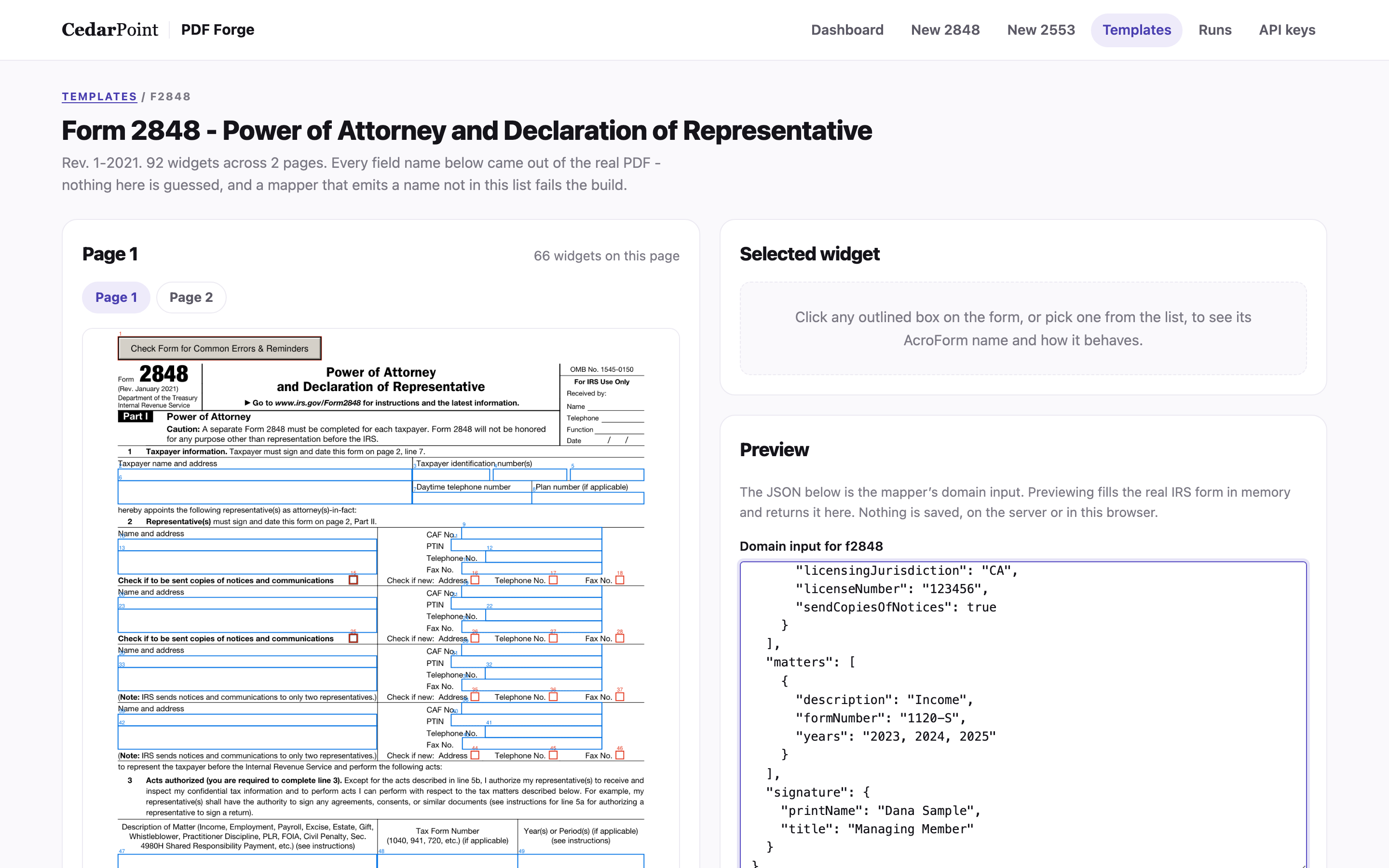 The field inspector showing a government form page with every fillable box outlined and numbered, next to an editable sample payload