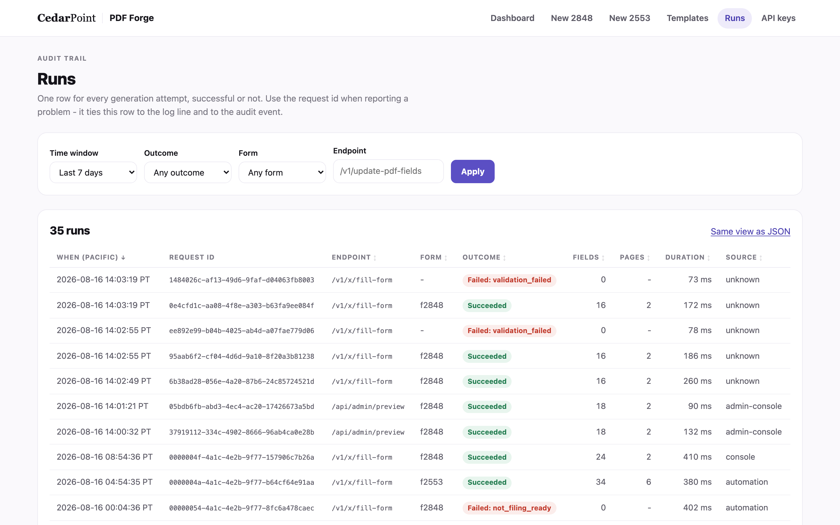 The runs page with filters for time window, outcome, form and endpoint, and a sortable table of attempts showing request ids, outcomes, field counts and durations