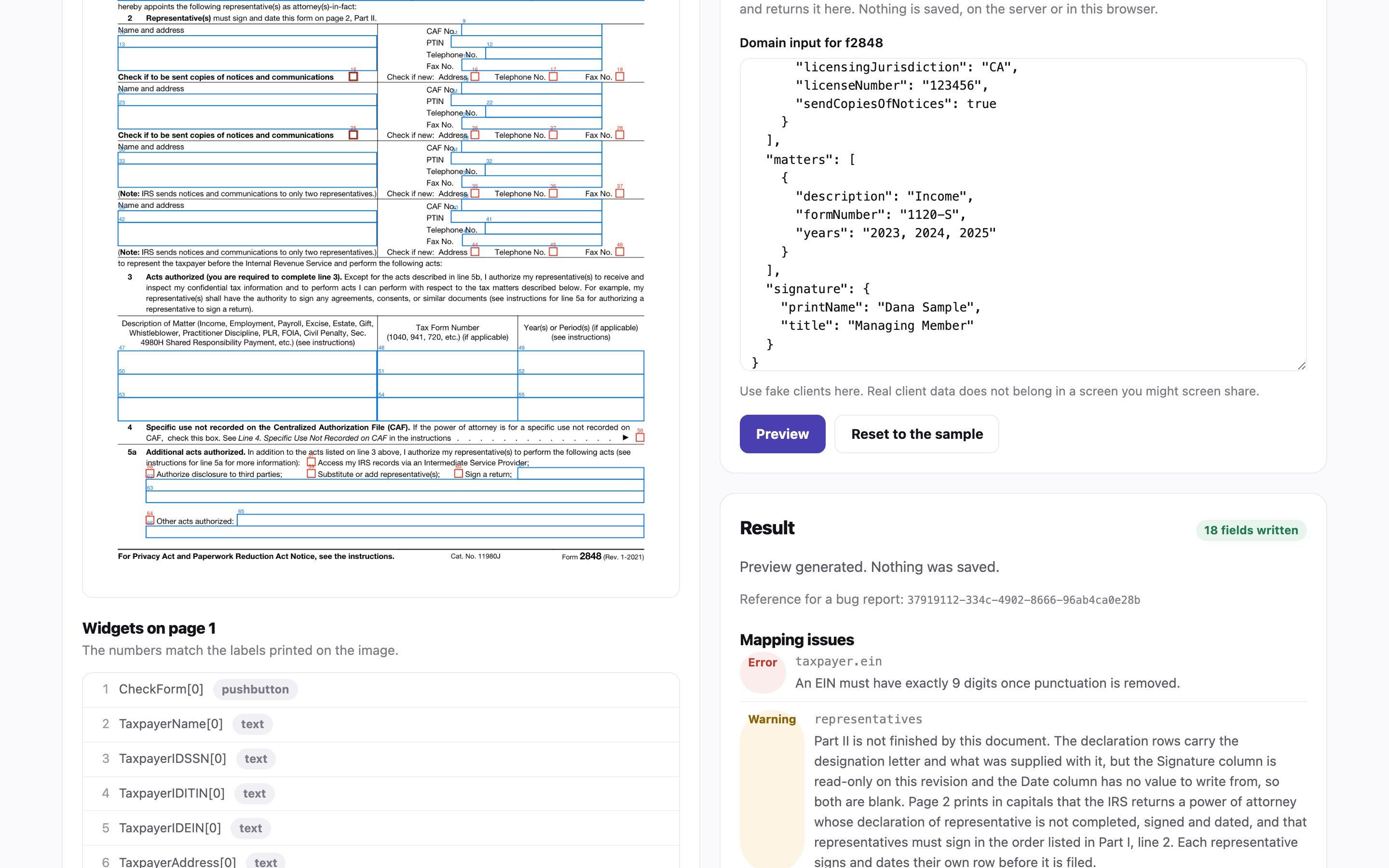 The result panel listing one error and several warnings, each naming a field path and explaining in plain language what is wrong