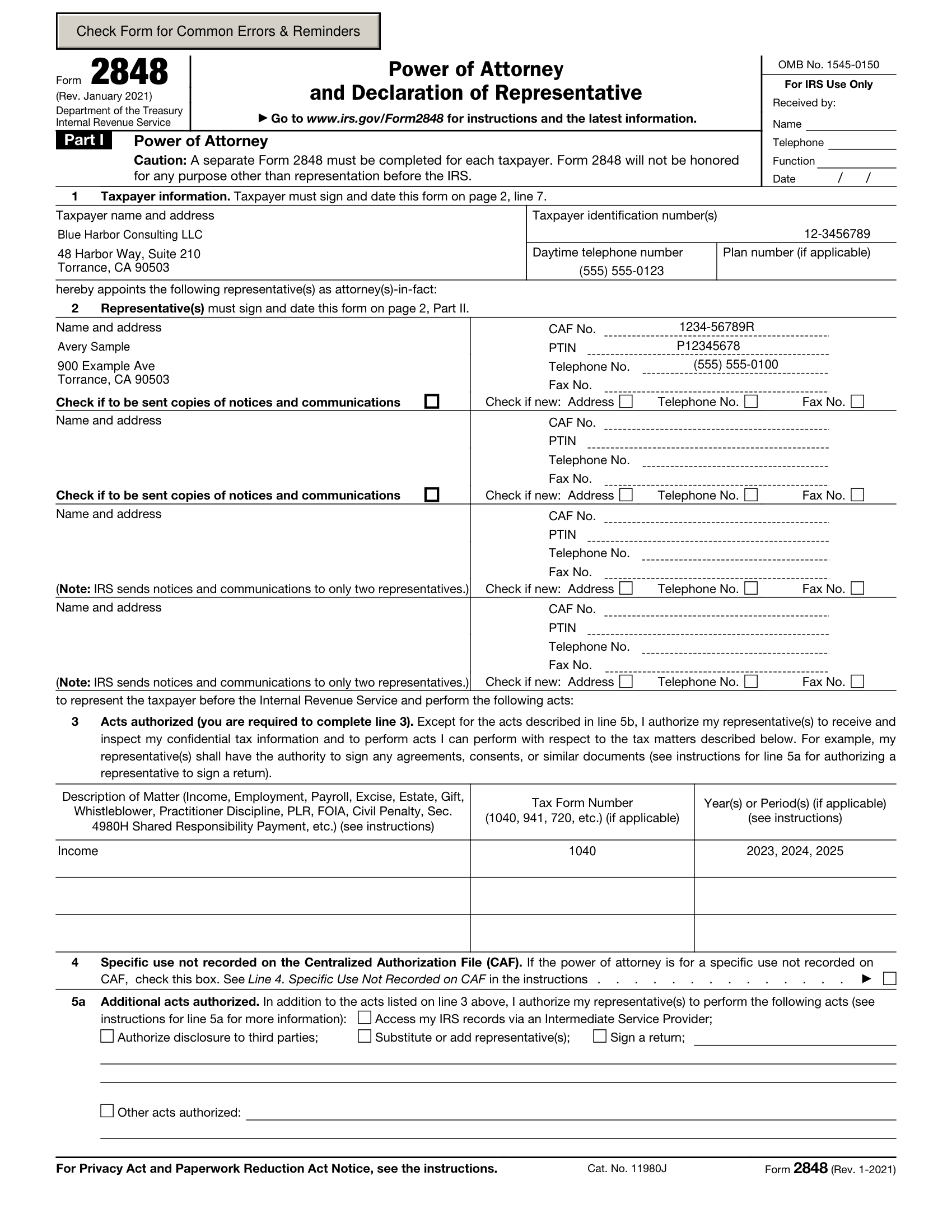 A completed government power-of-attorney form, filled with sample company and representative details