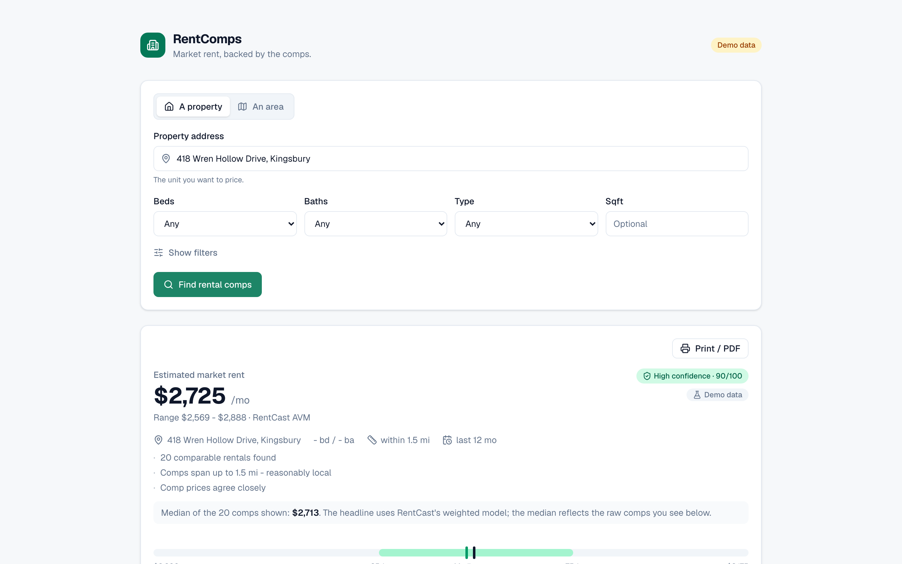 A rent estimate for a sample address showing the headline figure, confidence score and how many comparables it used